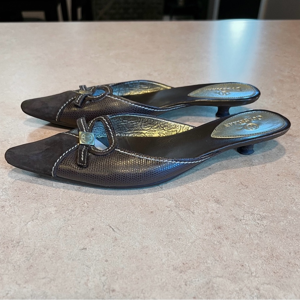 Cole Haan Brown Pointed Toe Kitten Heel Mules Sz 7.5